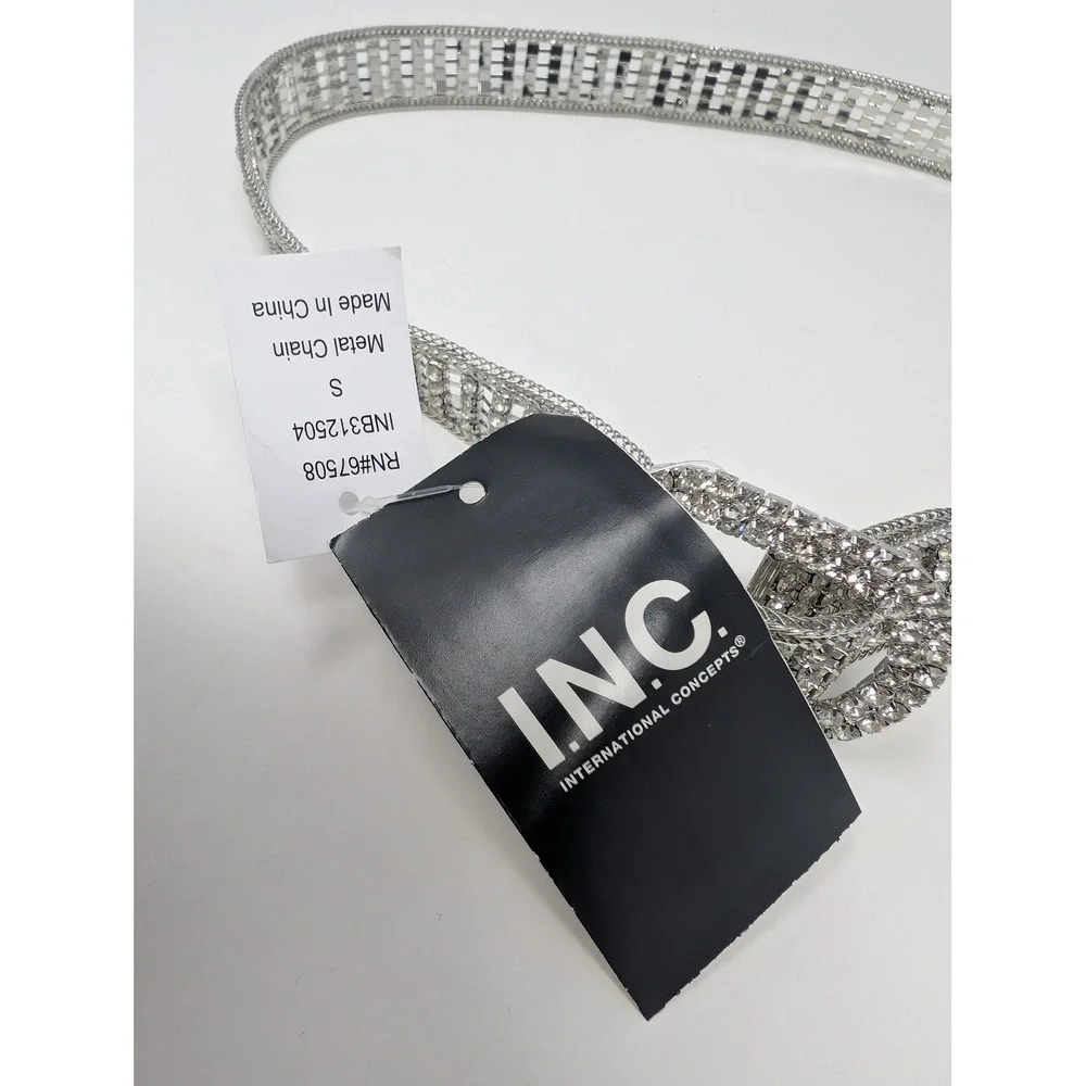 INC International Concepts Silver Rhinestone Chain Belt Size‎ S Y2K McBling 90s